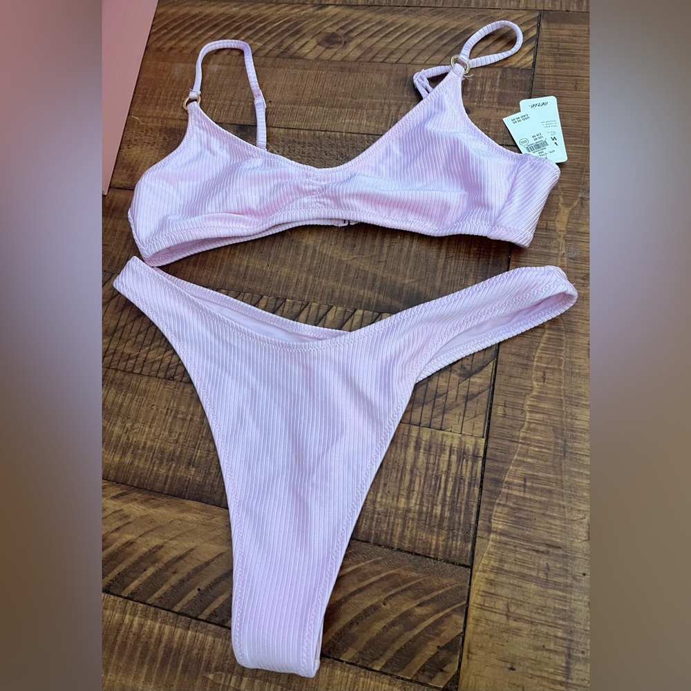 NWT Aerie FULL SET Beach Babe Shine Rib Voop Top + Thong Bottoms Parfait Pink M - Picture 4 of 6